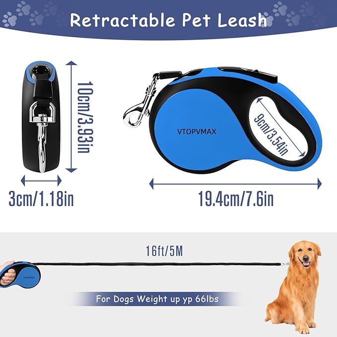 16Ft Retractable Dog Leash - for Small to Medium Dogs Up to 66lbs, Heavy Duty Retractable Leash with Light Rechargeable, Quick Lock Braking & Non-Slip Handle (Blue)