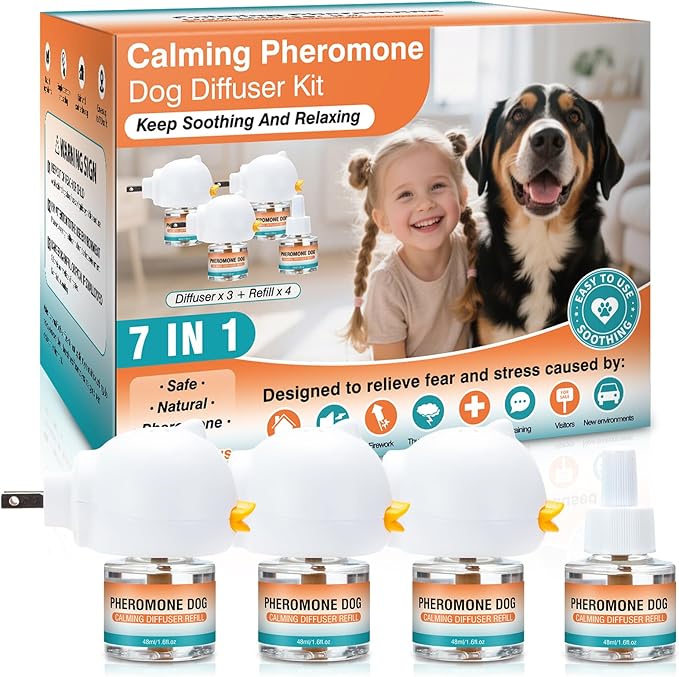 Diffuser Dog Calming Pheromones to Calm Pet 7 in 1 Advanced Kit Appeasing Pheromone Diffuser for Anxiety Relief (3 Plug in+4 Pack 48ml Refill) Reduce Aggression Fighting Barking Stress