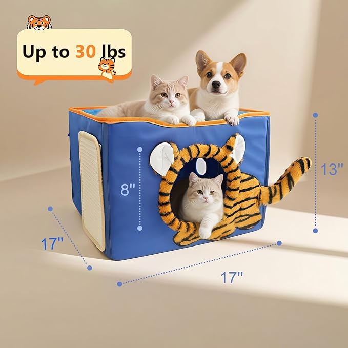 CWV Cat Houses for Indoor Cats, Cute Cat Cave Bed with Scratch Pad, Foldable Cat Cube for Multiple Large Cats, 17X17x13inch, Tiger Design