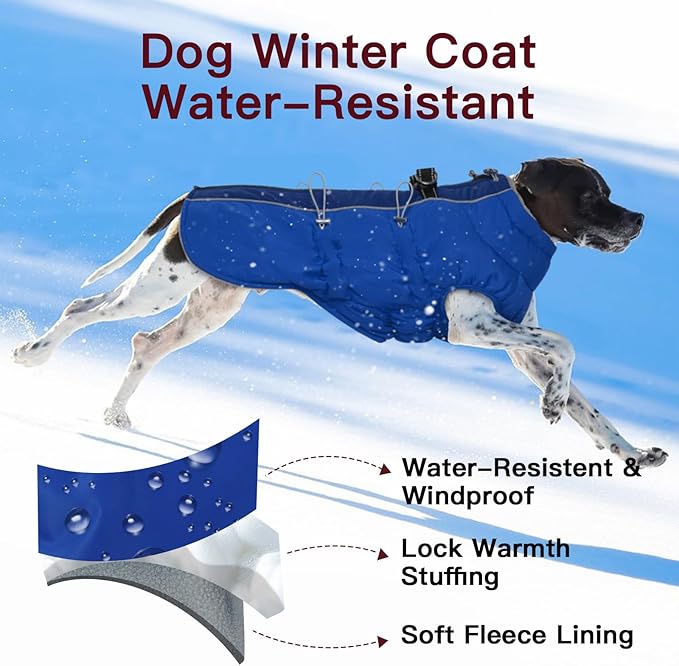 Dog Winter Jacket - XX Large, Warm Zip Up Snowsuit Dog Harness Vest, Reflective, Water-Resistant, Royal-Blue