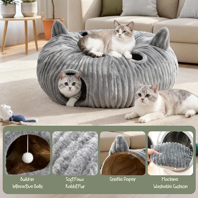 OurWarm Cat Tunnels for Indoor Cats - Round Cat Tunnel Bed with Removable and Washable Circle Cushion, Donut Cats Play Tunnel, Kitten Toys with Ear Sounds for Kitten/Puppy/Rabbit, Grey