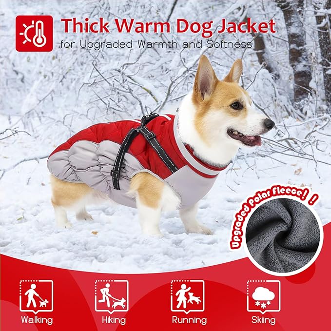Dog Winter Coat with Harness, Dog Jacket, Pet Clothes with Zipper on Back, Waterproof Windproof Warm Vest, Reflective Cold Weather Coats, for Small Medium Large Dogs, Thick, Red,XS