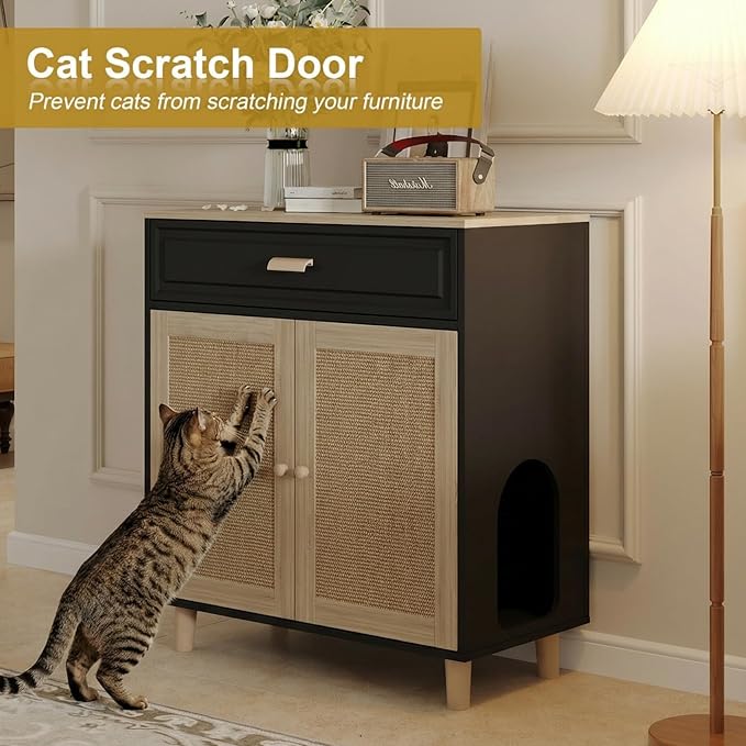 Cat Litter Box Enclosure Furniture Hidden Indoor 2-in-1 Wooden Cat House & Washroom Cabinet with Scratching Board Doors and Drawer, 31.5"x15.7"x34.6"H - Black