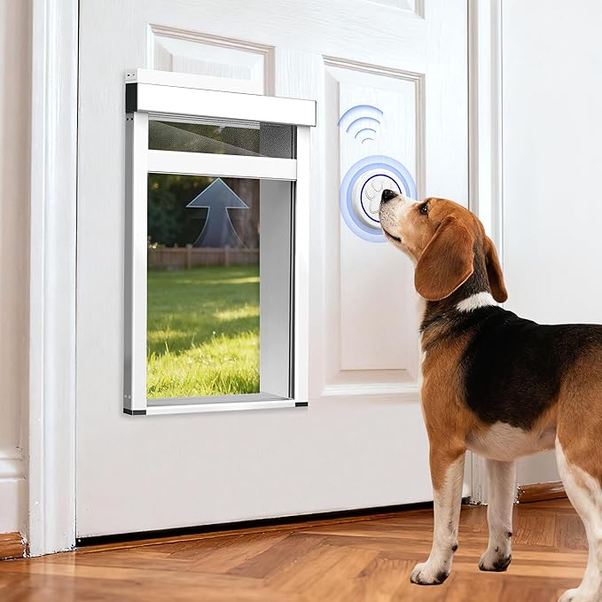Medium Electronic Dog Door,Pet Automatic Door Smart Aluminum Dog Door with Dogbell Activated Auto Lift, Lockable Weatherproof Telescoping Tunnel for Pets(Pets Up to 40 Lb)
