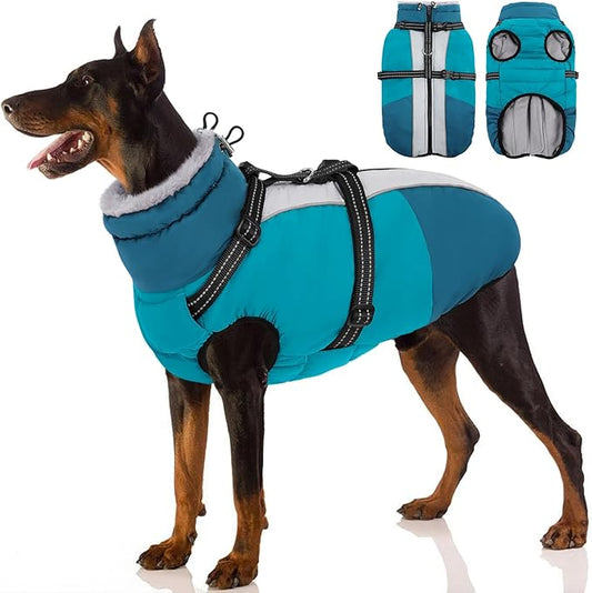 SUNFURA Dog Coat, Warm Dog Jacket with Harness Built in, Waterproof Pet Winter Coat Snowsuit with Zipper, Reflective Fleece Jacket for Extra Large Dogs, Weimaraner, Turquoise XXL
