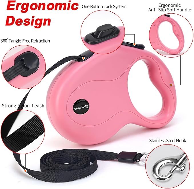 16Ft Retractable Dog Leash,Light Weight Leash for Small to Medium Dogs/Cats Up to 50lbs,Stainless Steel Spring Strong Nylon Tape, Tangle Free, One-Handed Brake.(Pink)