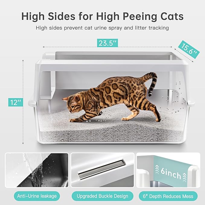 Stainless Steel Cat Litter Box with Lid, XL Metal Litter Box for Big Cats, Extra Large Litter Box with High Sides, Never Absorbs Odors, Non-Sticky, Easy Clean, Anti-Urine Leakage, with Scoop