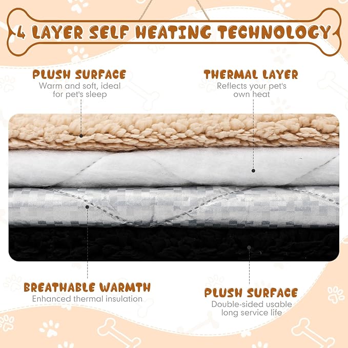 Novabright 3 Pack Self Warming Cat Bed 27x35 Inch Self Heating Dog Mat Reflects Body Heat Extra Warm Thermal Pet Pad Washable Cat Dog Bed for Outdoor Indoor Large Kittens Puppy(Black/Khaki)