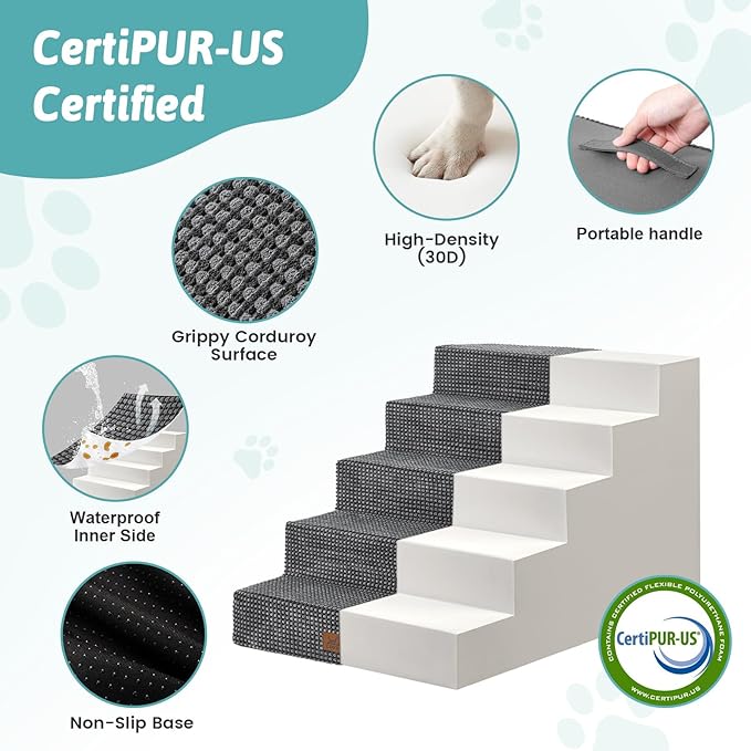 Dog Stairs for Small Dogs 17.7" H, 5-Step Gentle Incline Pet Step for Couch and Beds, Non-Slip Dog Ramp for Puppy Doggie Senior Cats, 17.7x29.5x17.7 Inch, Charcoal Grey