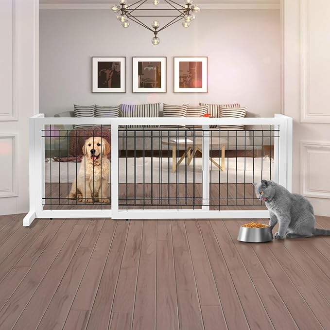 Bonnlo Free Standing Dog Gate, 37" - 68" Wide Pet Gate for Fireplace Stairs Doorways, Wooden Adjustable Pet Fence Indoor, Christmas Tree Gate (White)