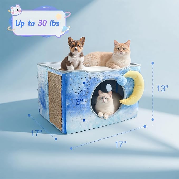 CWV Cat Houses for Indoor Cats, Cute Cat Cave Bed with Scratch Pad, Foldable Cat Cube for Multiple Large Cats, 17X17x13inch, Star Design
