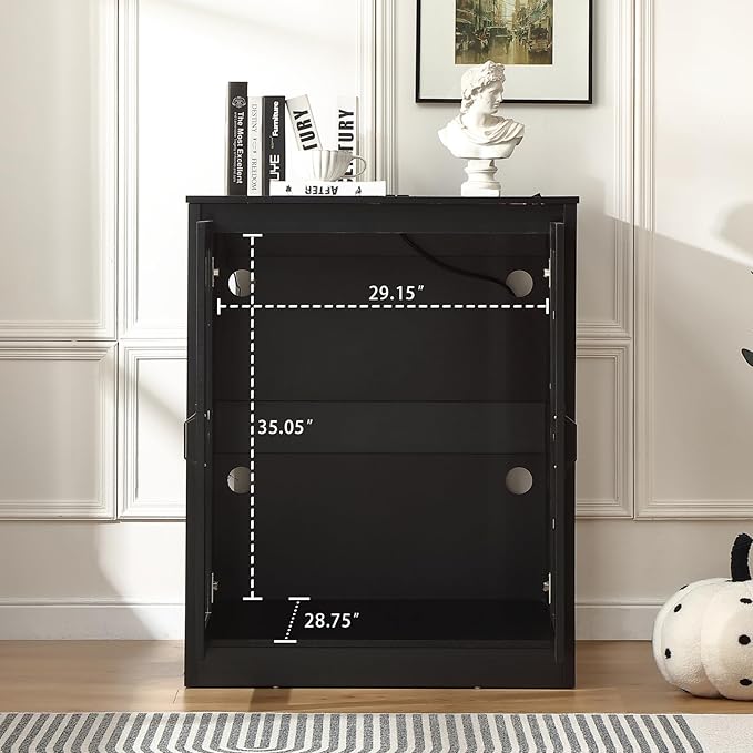 Cat Litter Enclosure with Cat-Observant Glass Doors,Litter Box Cabinet with Cozy LED for Cats,Reversible and Optional Entry(Left or Right),Power Outlet for More Choice,Black