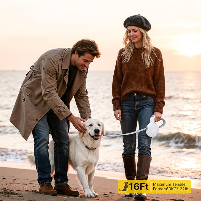 AutoBrake Retractable Dog Leash for Medium and Large Dogs, 360° Tangle-Free Dog Leash and 16Ft Strong Nylon Tape, Ergonomically Comfortable and Lightweight Grip Handle (White)