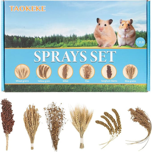 Hamster Spray Set - Natural Snack Grains & Chew Toys for Cage Decoration Accessories, Soft Bedding for Dwarf Syrian Hamsters, Gerbils, Mice & Small Pets