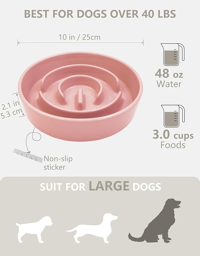 Ceramic Slow Feeder Bowls for Large Dogs, 3.0 Cups Slow Feeder for Fast Eaters, 48oz, 10in, Pink