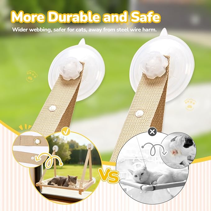 CATISM Cat Window Perch - Cat Hammock for Window, Soft Seat Machine Washable, Solid Wood Frame, 4 Suction Cups, Hammock Bed for Cats Inside