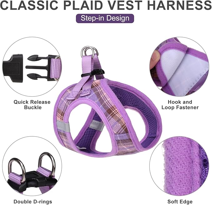 EXPAWLORER Classic Plaid Step-in Dog Harness with Adjustable Collar, Soft No-Pull Vest, Reflective, Purple