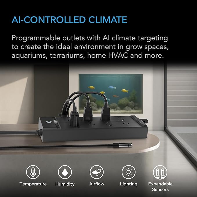 AC Infinity Outlet AI+, Environment Controller, Smart WiFi Power Strip, Dual-Zone Temperature Humidity, Individual Control 8 Plugs, AI Targeting, Thermostat Greenhouse Aquarium Terrarium Home, 1800W