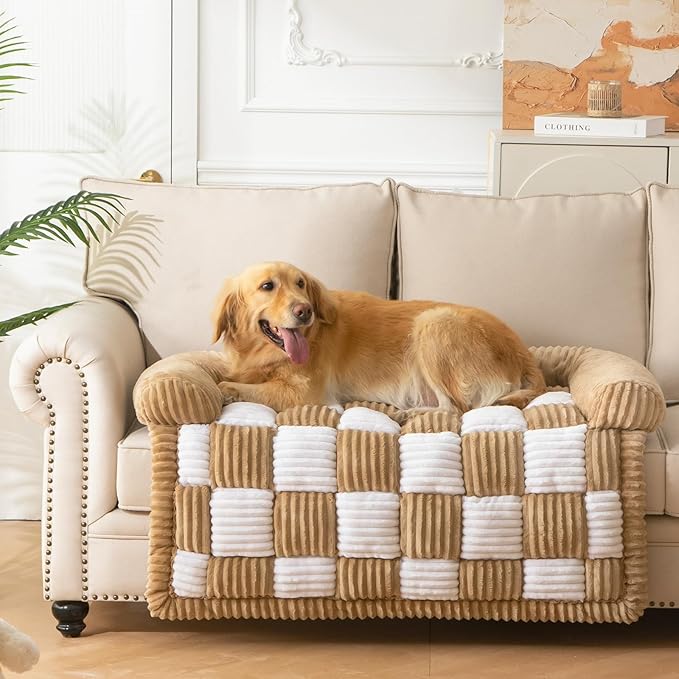 Dog Bed for Couch with Bolster, Comfy Couch Cover for Dogs Washable, Non-Slip Plush Furniture Protector, Calming Fuzzy Lounge Mat, Pet Sofa Accessories (Camel, X-Large)