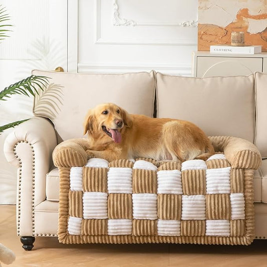 Dog Bed for Couch with Bolster, Comfy Couch Cover for Dogs Washable, Non-Slip Plush Furniture Protector, Calming Fuzzy Lounge Mat, Pet Sofa Accessories (Camel, X-Large)