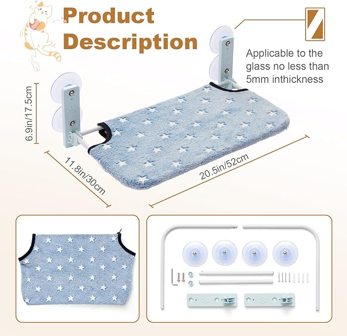 Glow in The Dark Cat Window Perch, Large Foldable Hammock Bed with 4 Strong Suction Cups and Warm Soft Zipper Removable Cushion for Indoor Cats (Stars)
