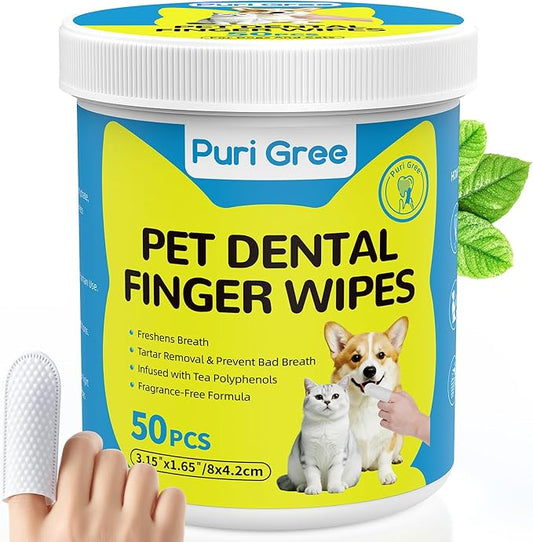 Teeth Cleaning Wipes for Dogs & Cats, Dog Dental Care Finger Wipes, Dog Tooth Brushing Kit, Reduces Plaque,Disposable Dog Wipes-50 Count
