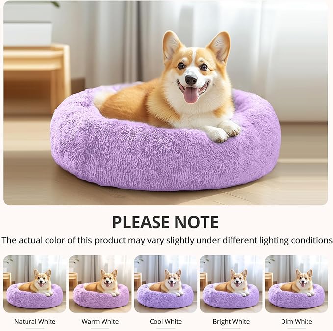 JOLLYVOGUE Calming Small Dog & Cat Bed for Indoor Cats - 20 inches Washable Donut Bed for Kittens & Puppies, Anti-Anxiety Round Fluffy Plush Pet Beds (Fits up to 15 lbs, Purple)