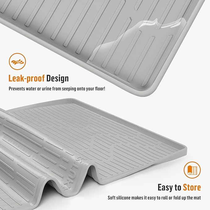 Silicone Cat Litter Mat, 46" x 32" Extra Large Cat Litter Box Mat Litter Trapping Mat for Scatter Control, Waterproof, Soft on Kitty Paws, Clean Floor (Grey)