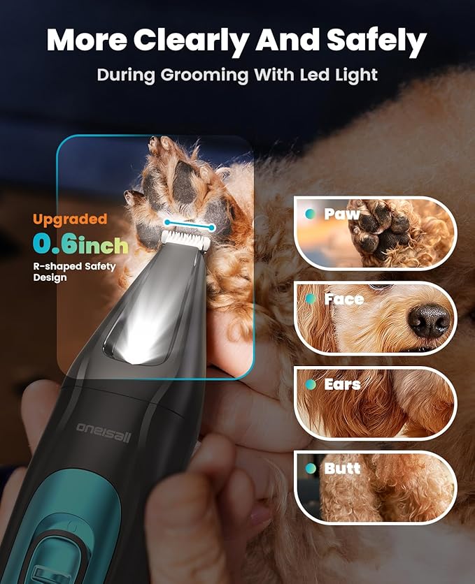 oneisall Professional Dog Grooming Kit at Home: All-in-One Quiet Clippers & Nail Grinder with LED Light, 2000mAh Cordless Dog Shaver, Safe Poodle Grooming Kit for Paws, Face, Ears & Body
