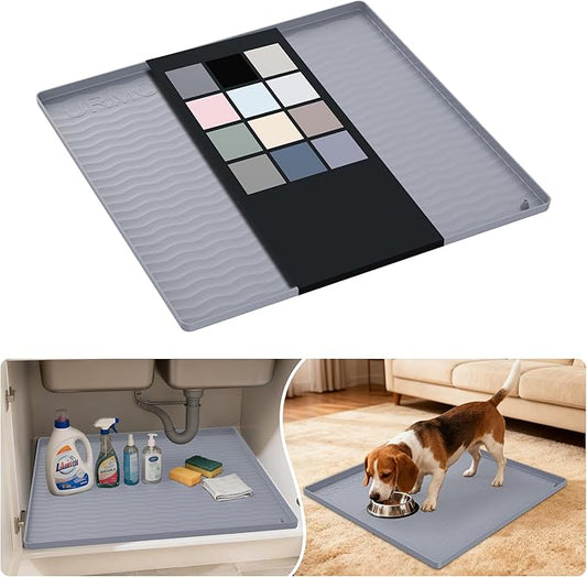 URMONA Waterproof Silicone Under Sink Mat 22'' x 22'' Shelf Liner for Kitchen and Bathroom, Cabinet and Counter Protector, Storage and Organizers, Litter Mat, Pet Cat Puppy Essentials(Light Grey)