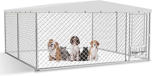 Outdoor Dog Kennel with Bowls 10x10 FT, Heavy Duty Large Outside Dog Enclosure with UV-Resistant Waterproof Sun-Proof Cover, Double Security Locks for Backyard Farm Ranch