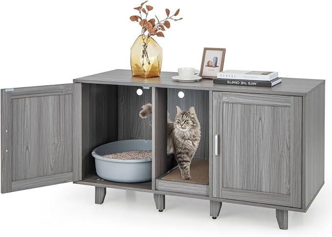 Tangkula Double Cat Litter Box Enclosure for 2 Cats, Large Stackable Hidden Privacy Cat Washroom Cabinet with Scratching Board, Indoor Cat House TV Stand, Litter Box Furniture (Grey Oak)