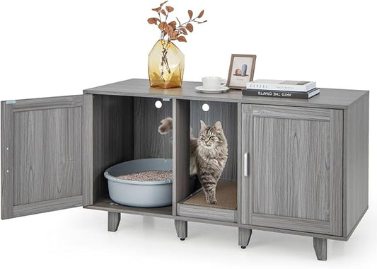 Tangkula Double Cat Litter Box Enclosure for 2 Cats, Large Stackable Hidden Privacy Cat Washroom Cabinet with Scratching Board, Indoor Cat House TV Stand, Litter Box Furniture (Grey Oak)