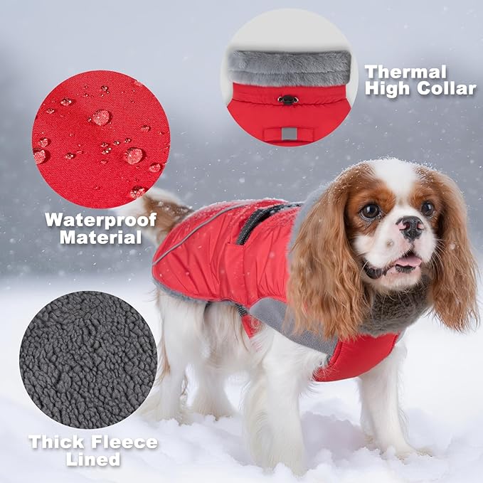 KYEESE Waterproof Dog Coat, Windproof Pet Jacket with Thick Fleece Lining, Extra Warm High Collar Dog Coats for Medium to Large Dogs with Leash Hole and Reflective Strips, Red, XX-Large
