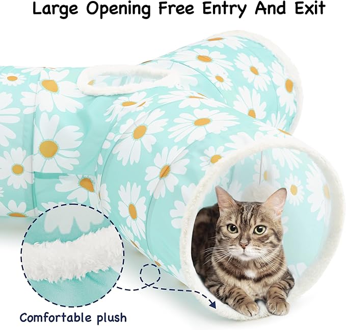 Tempcore Pet Cat Tunnel Tube Cat Toys 3 Way Collapsible, Cat Tunnels for Indoor Cats，Kitty Tunnel Bored Pet Toys Peek Hole Toy Ball, Puppy, Kitty, Kitten, Rabbit Daisy Blue Printed