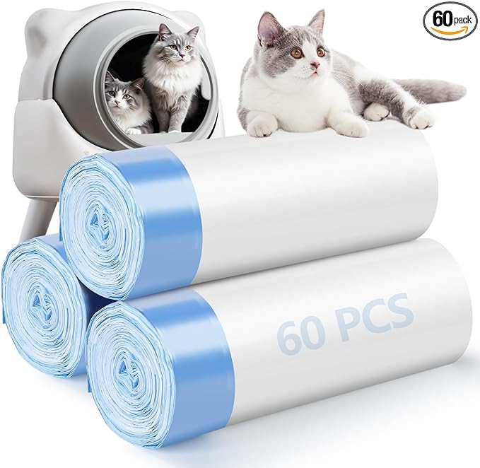 60 Pack Cat Litter Bags Compatible with Litter Robot 3 & 4, Self Cleaning Automatic Litters Box Liners, 25.2 x 15.7 inch (10-12 Gallons)