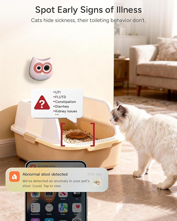 Litter Box Camera – AI Cat Health Monitoring, Records Toileting Behavior, UTI/Diarrhea Abnormal Alerts, Fits Automatic & Standard Litter Boxes, Multi-Cat Support, Night Vision Cat Cam (Pink)