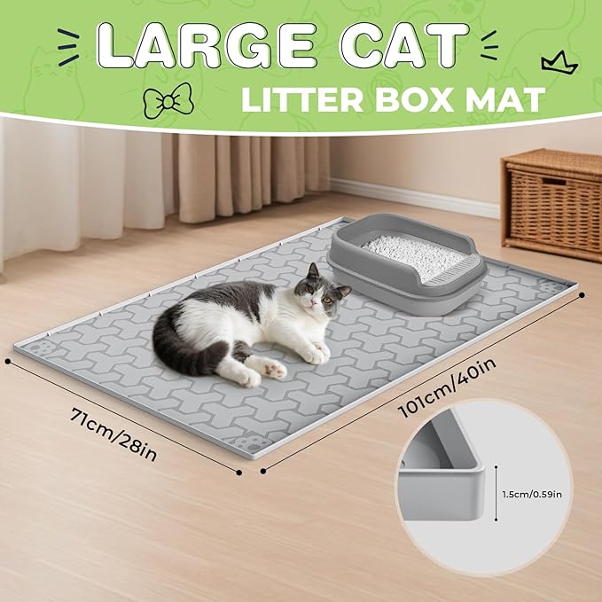 Silicone Cat Litter Mat for Litter Box - 34" X 22"/24" X 15" Waterproof Urine - Proof Mat, Non - Slip Trapping Pad to Keep Floor Clean, Easy to Clean Cat Floor Mat（Gray)