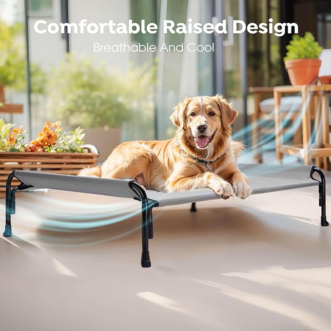 Veehoo Outdoor Elevated Dog Bed, Raised Dog Cot for Large Dogs, Cooling Washable Waterproof Pet Hammock Beds with Slope Headrest, Breathable Mesh and Sturdy Frame, Large, Grey, CWC2204