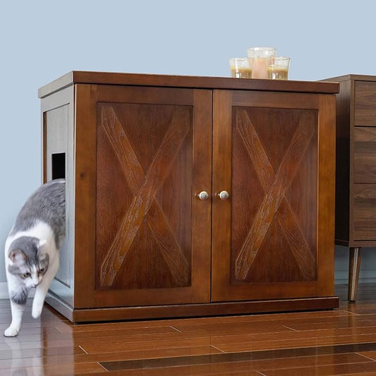 THE REFINED FELINE Cat Litter Box Enclosure Cabinet, Farmhouse, Mahogany Brown, Adjustable Levelers, XLarge, Hidden Litter Cat Furniture with Drawer