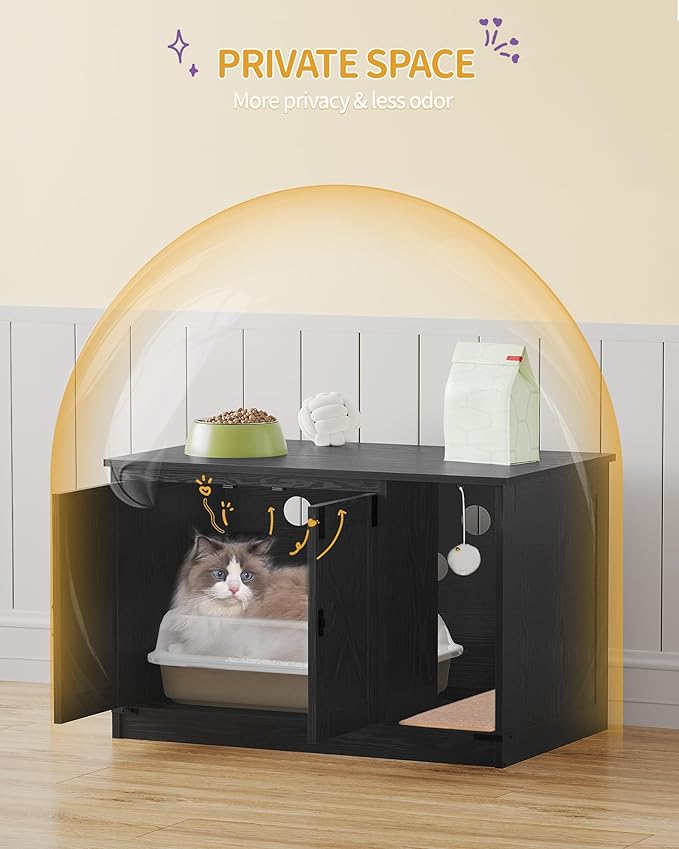 Cat Litter Box Enclosure, Hidden Litter Box Cabinet Furniture with Bell, Indoor Cat House, Farmhouse Style, 31.5 x 19.7 x 20.9Inches, for Hallway, Bedroom, Black CB82404X