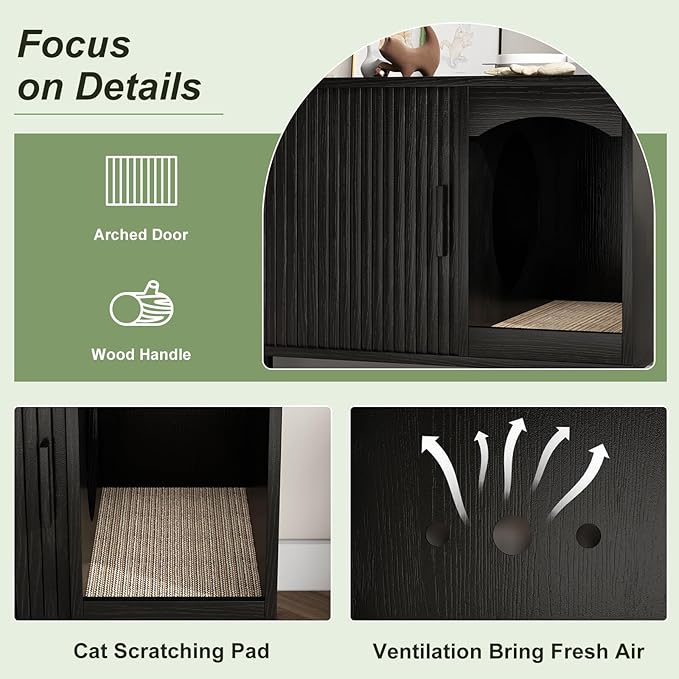 Cat Litter Box Enclosure Furniture, Fluted Hidden Litter Box Furniture with Scratching Pad, Large Wood Cat House Indoor Modern Cabinet Side End Table for Living Room, Entryway, Black