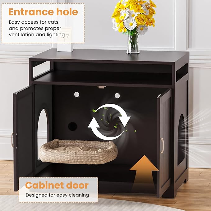 Cat Litter Box Enclosure, Hidden Litter Box Furniture with Built-in Power Outlet, Indoor Cat House, Cat Washroom Furniture, End Side Table for Hallway & Bedroom