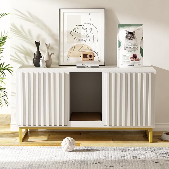 Double Litter Box Enclosure,Modern Cat Litter Box Enclosure for 2 Cats, Hidden Litter Box with Cat Scratch Pad, Cat Washroom Cat House End Table, Entryway Bench for Livingroom (White)