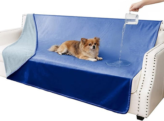 Waterproof Dog Blankets, Washable Pee Proof Pet Blanket for Couch, Soft Reversible Puppy Throw Furniture Protector Cover for Bed Sofa-68"x82",Navy Blue+Stone Blue