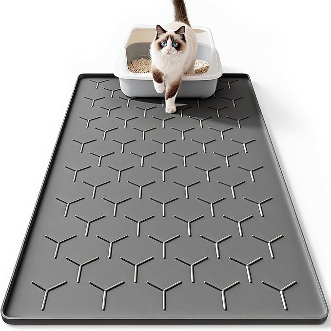 Large Silicone Cat Litter Mat, Waterproof/Urineproof, Litter Recycling, Easy to Clean, Soft on Kitty Paws (22"X34"-Dark Grey)