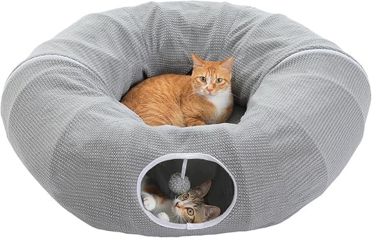 PEQULTI Cat Donut Tunnel with Bed for Indoor Cats, Cat Play Tunnel with Washable Soft Plush Mat, Round Tube Toys Cute Tube for Kittens, Puppies, Rabbits and Ferrets, Grey