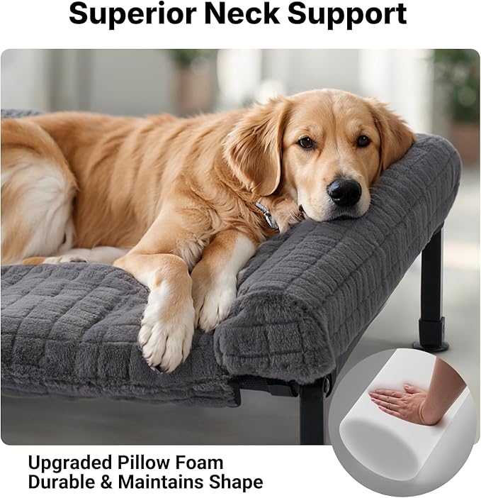 Veehoo Elevated Dog Bed Large Sized with Fluffy Plush Bolster Cushion, Washable Orthopedic Dog Couch Bed, Cooling Raised Pet Cot with Removable Mat, Breathable Mesh, No-Slip Feet, 48 x 37 inches, Grey