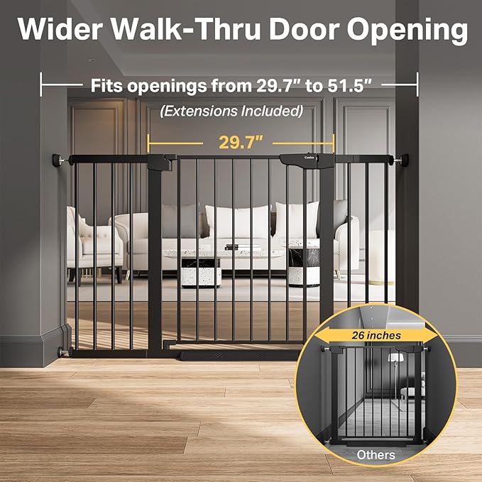 Cumbor 29.7"–51.5" Extra Wide Baby Gate for Stairs, Pressure-Mounted Dog Gates for Doorways & Hallways, Auto-Close Walk-Through, No-Trip Design, Child Proof Safety, Dog/Pet Gate for Indoor Use, Black