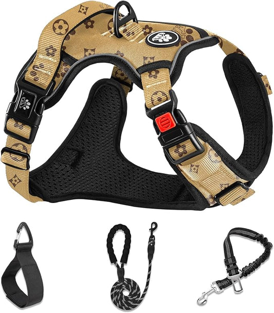 NESTROAD No Pull Dog Harness,Adjustable Oxford Dog Vest Harness with Leash,Reflective No-Choke Pet Harness with Easy Control Soft Handle for Small Dogs(Small,Light Brown)
